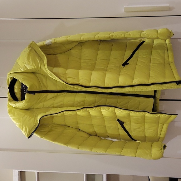 DKNY Bright Yellow Large Double Effect Down Hooded Jacket - Picture 1 of 6